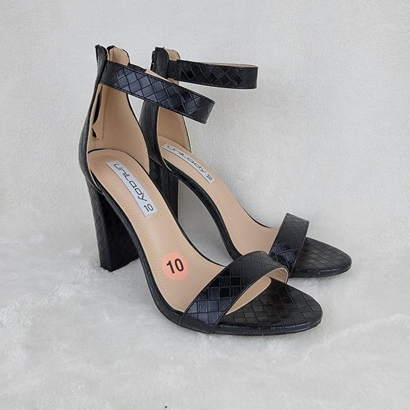 Unilady Shoes - Unilady Black Woven Pattern Ankle Strappy Block High Heel Sandal Size 10